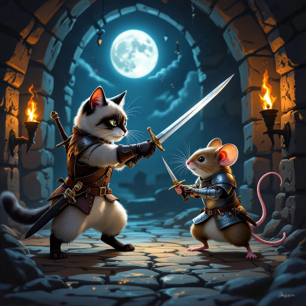 Cat and Mouse Duel in Moonlit Dungeon