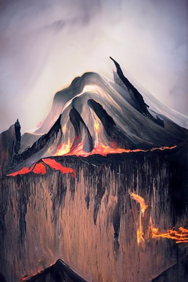 Dramatic Lava Flowing Down Mountains: Oil Painting