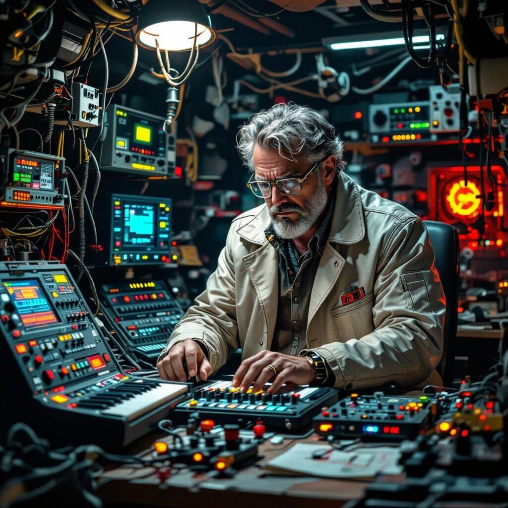 Frantic Professor Creating Synth Sounds in Cyberpunk Basemen...