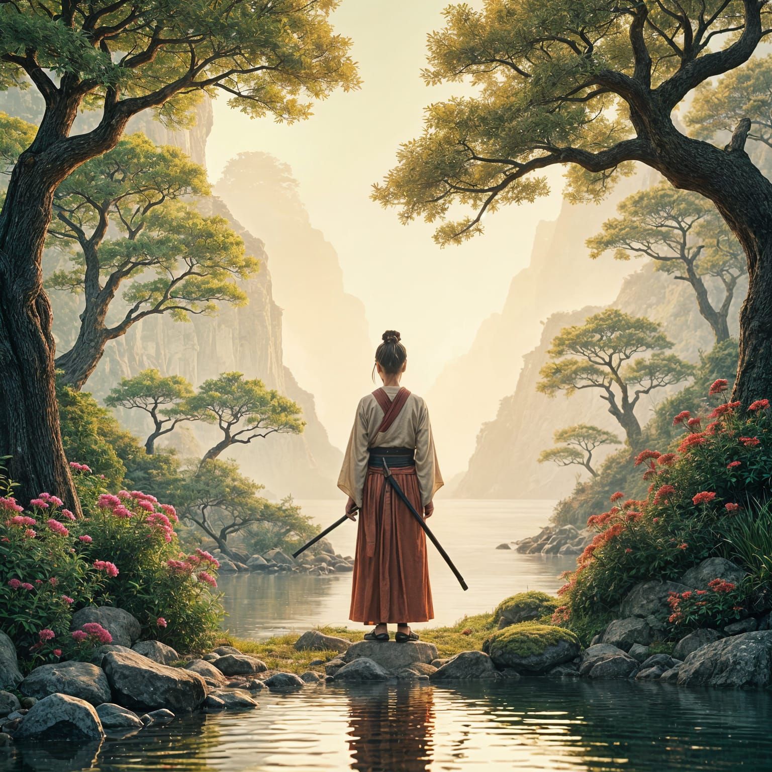 Zen Garden Contemplation: Samurai Woman in Line Art