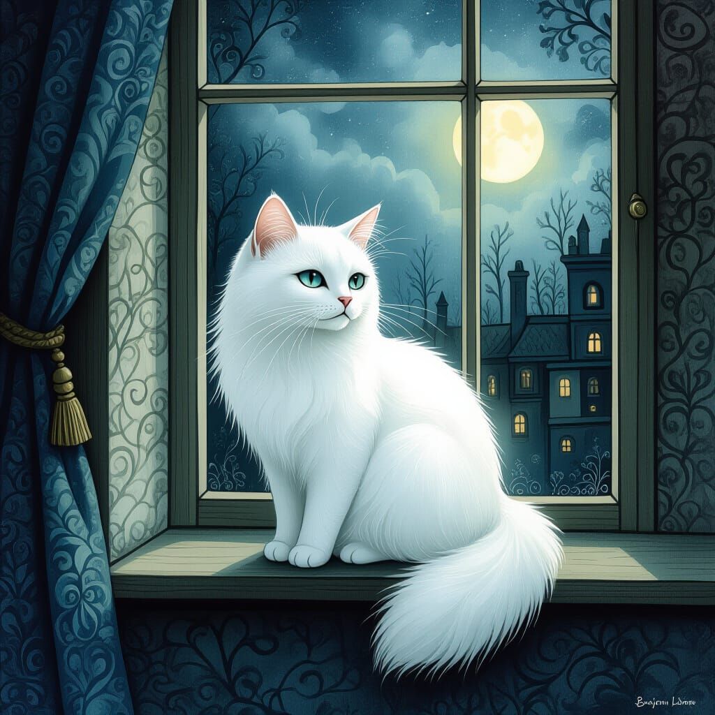 Melancholic Cat on Window Sill in Dark Fantasy Style