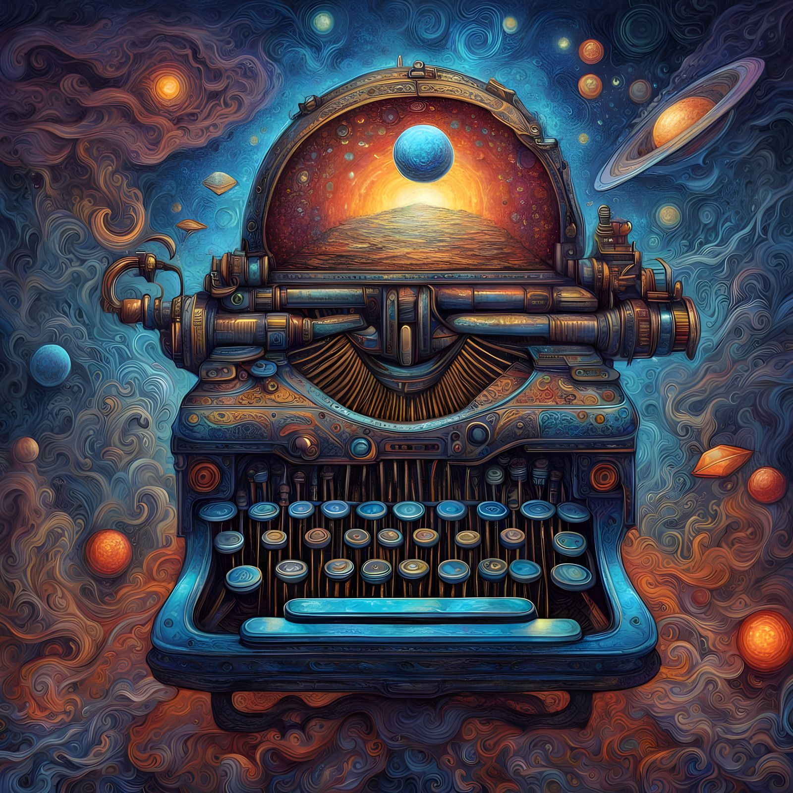 Robot Attends Typewriter in Starship Galaxy