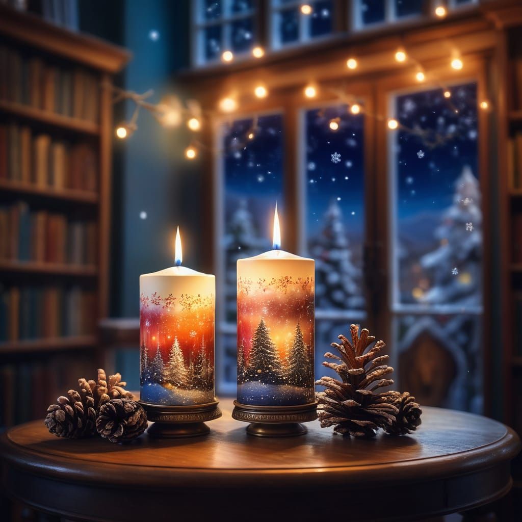 Festive Library Candle in Fairytale Style Oil Painting