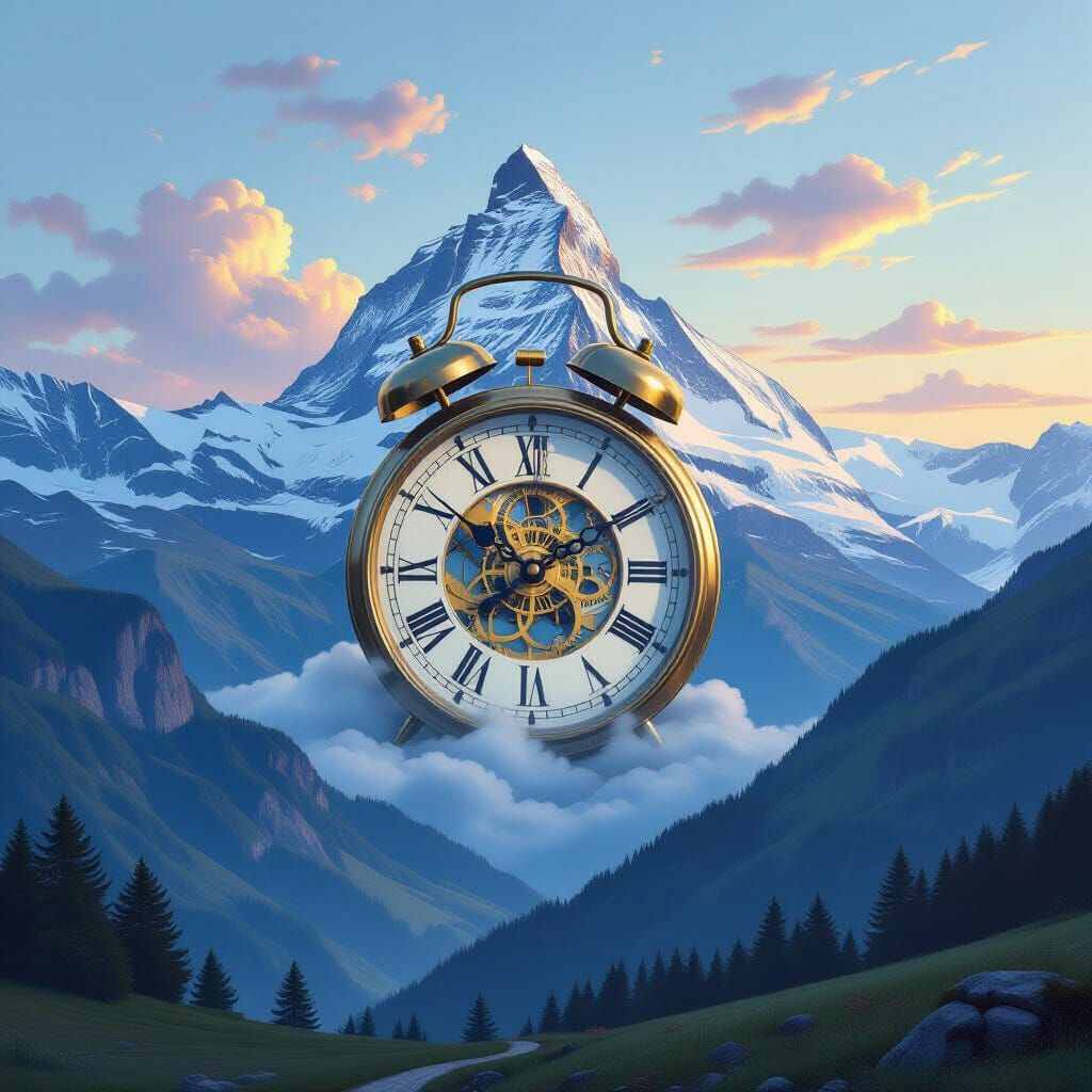 Surreal Swiss Alps Clockscape at Dawn