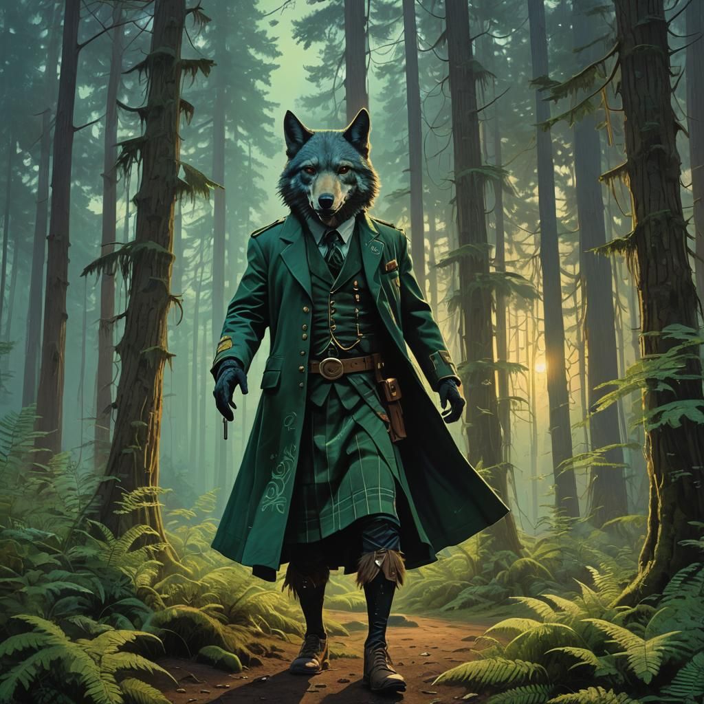 Mystical Fedora Wolf in Forest Clearing