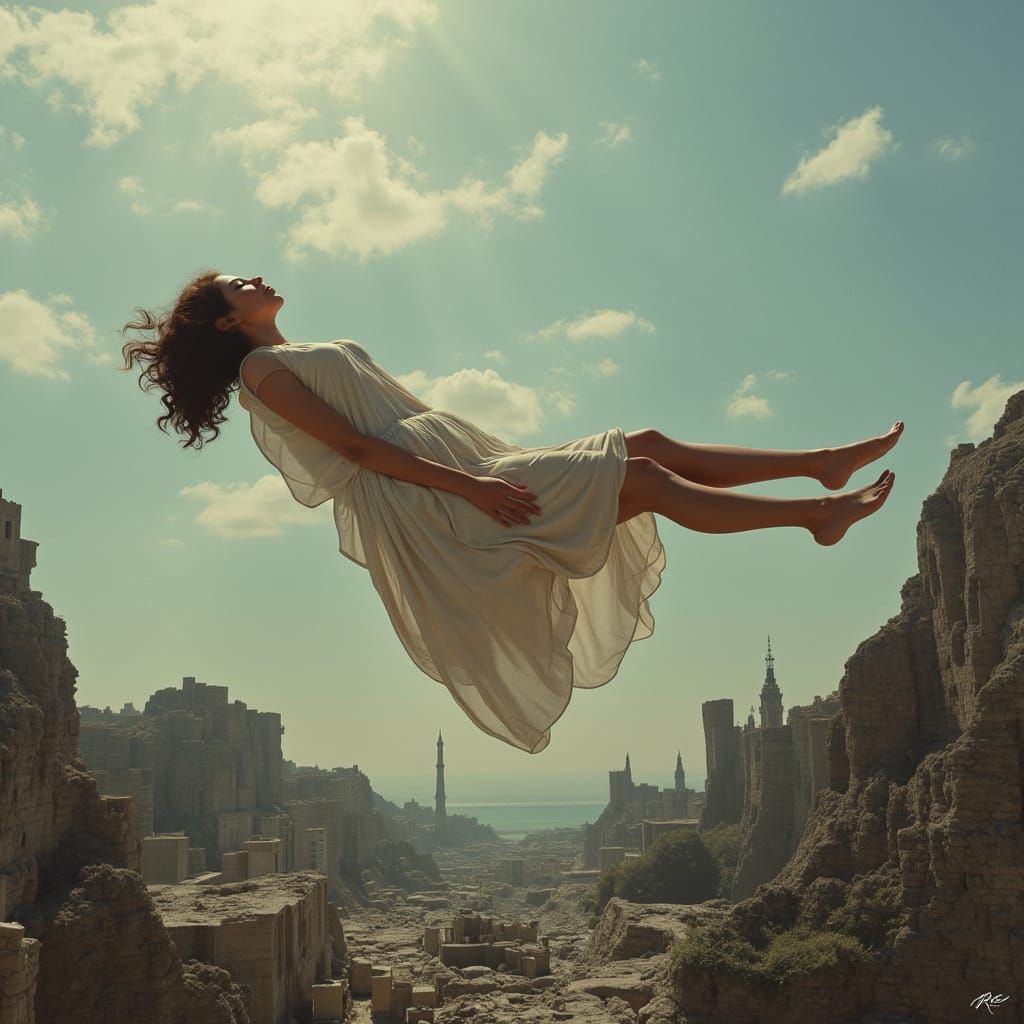 Giant Woman Floats Over Ancient Ruined City
