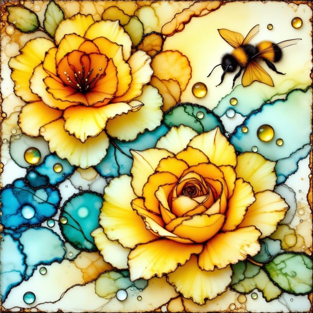 <lora:Alcohol Ink Splash:1.0> stained glass alcohol ink splash beautiful encaustic yellow rose and bumblebee Japanese in...