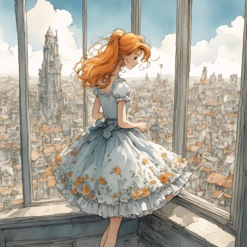 Fox-girl VIXEN, looking out a window of a skyscraper.