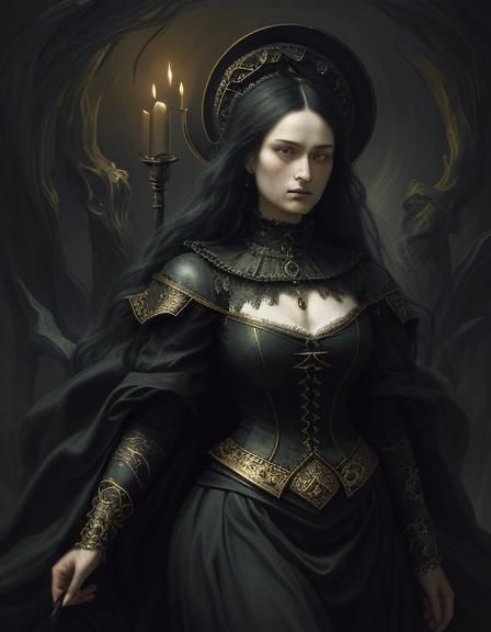 Dark fantasy art. Medium shot. A curvaceous witch in a dark,...