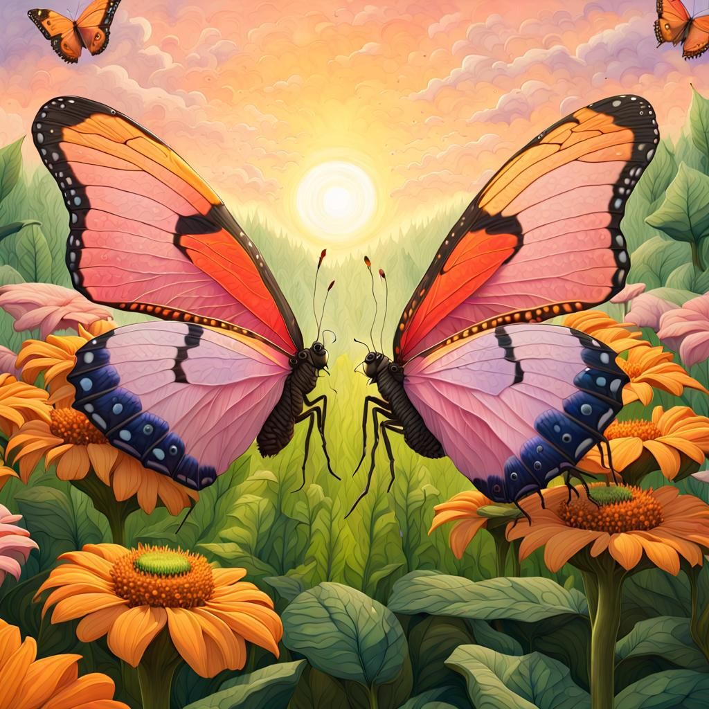 Giant Butterflies in Flower Field: Fantasy Art