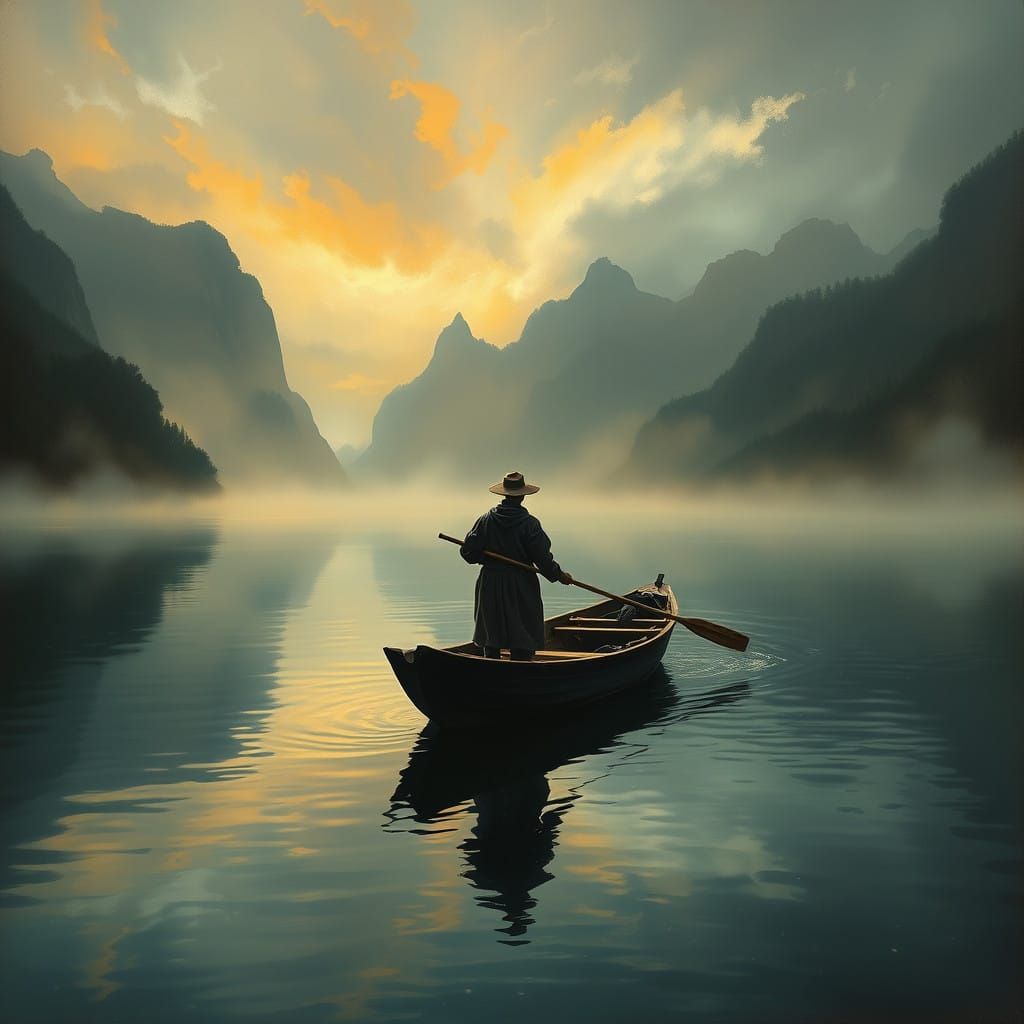 Serene Fisherman in Orientalist Landscape