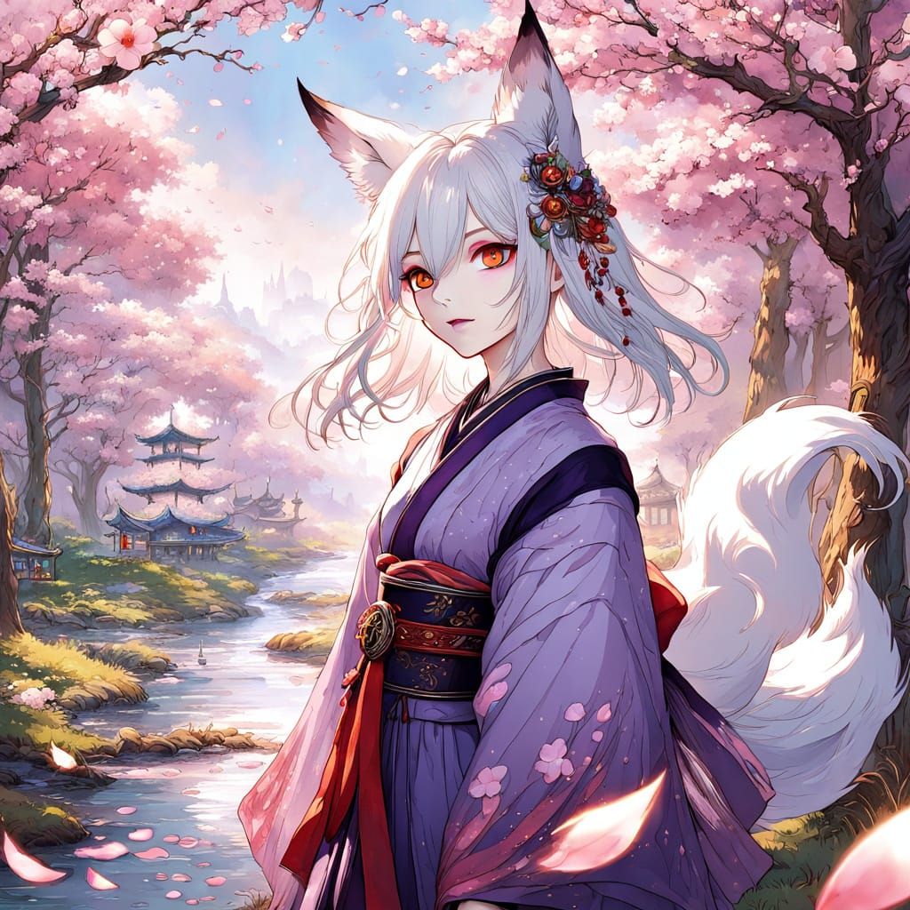 Anime Kitsune Girl in Sakura Forest