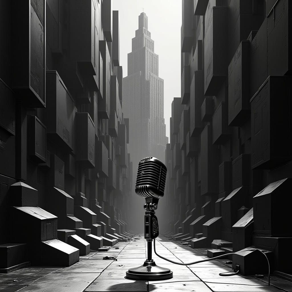 Dark, Futuristic Cityscape with Chrome Microphone in Cubist ...