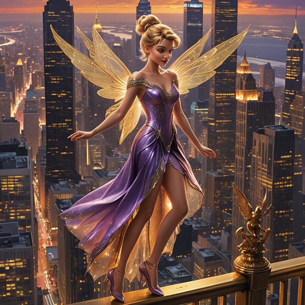 Tinkerbell Overlooks a Metropolitan Nightscape