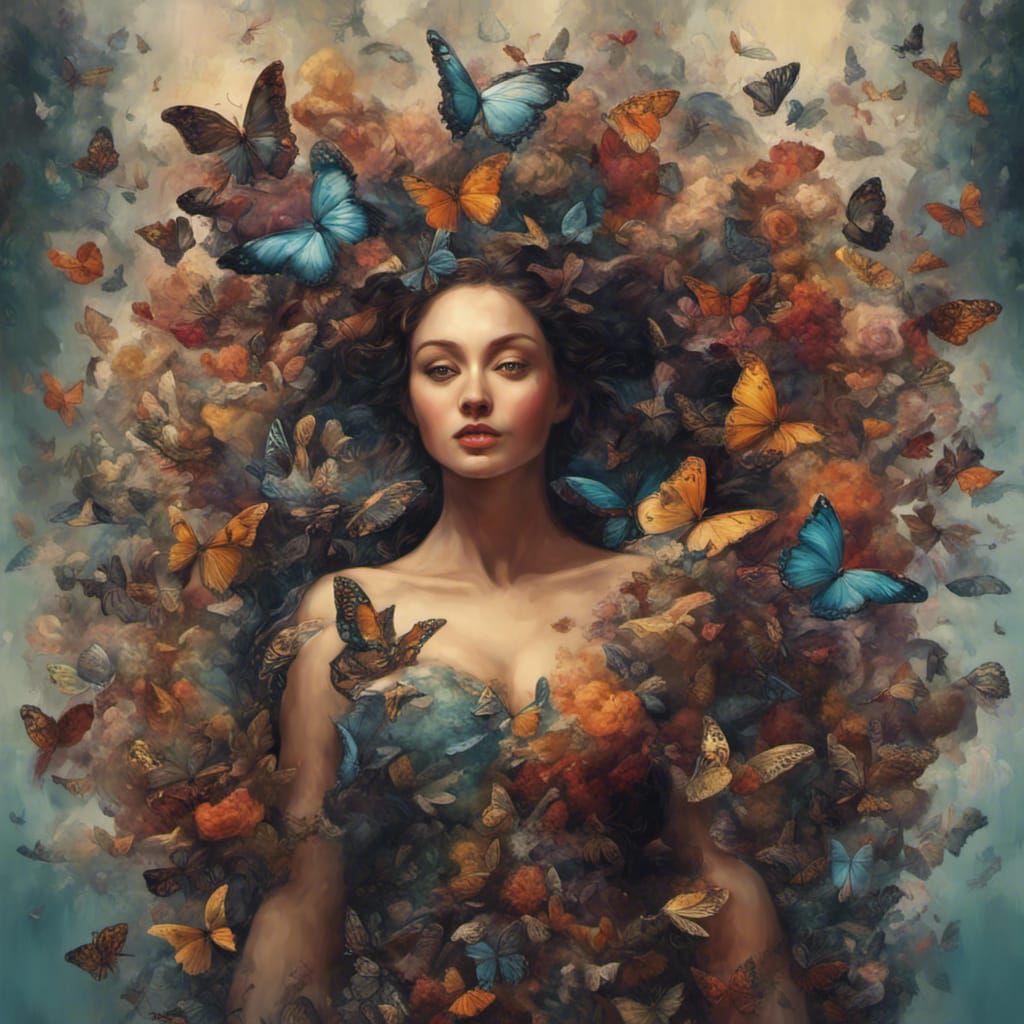 Strong Woman with Butterfly Swarm, Fantasy Concept Art