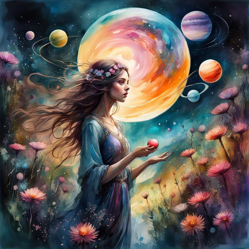 Beautiful Girl Juggling Planets in Space Garden