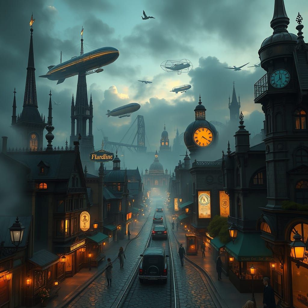 Victorian-Era Metropolis in Perpetual Twilight, with Steampu...