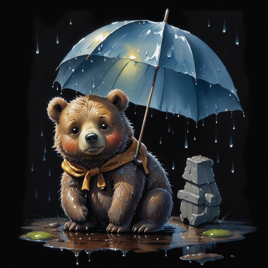 Photorealistic Watercolor Painting of a Sad Little Bear in t...