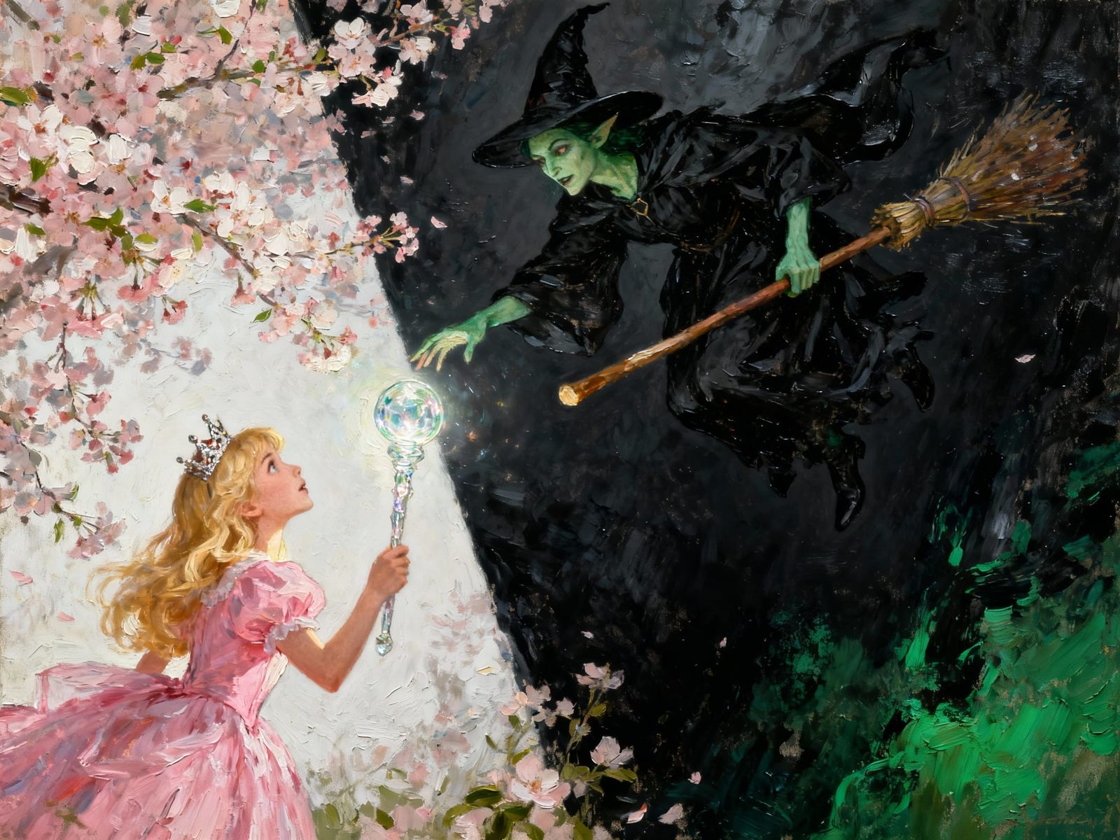 Emerald Witch Reaches for Blond Witch Amidst Cherry Blossoms...