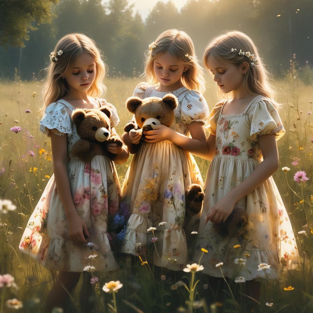 Girls with Teddy Bears in Impressionistic Meadow