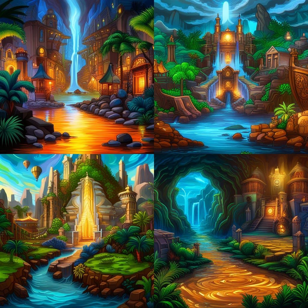 Mystical Side Scroller Game Level with Atlantis Ruins