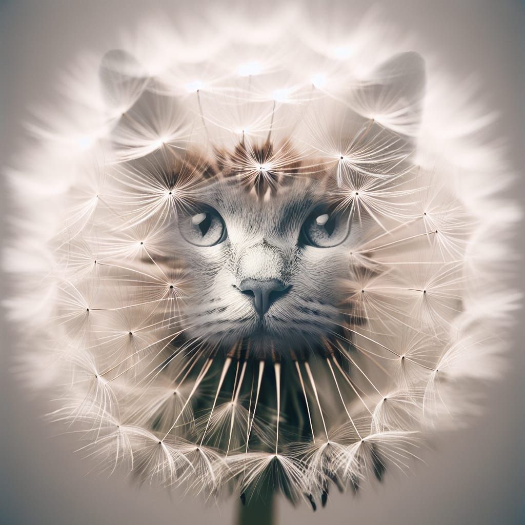 Double Exposure: Dandelion Clock and Cat Face