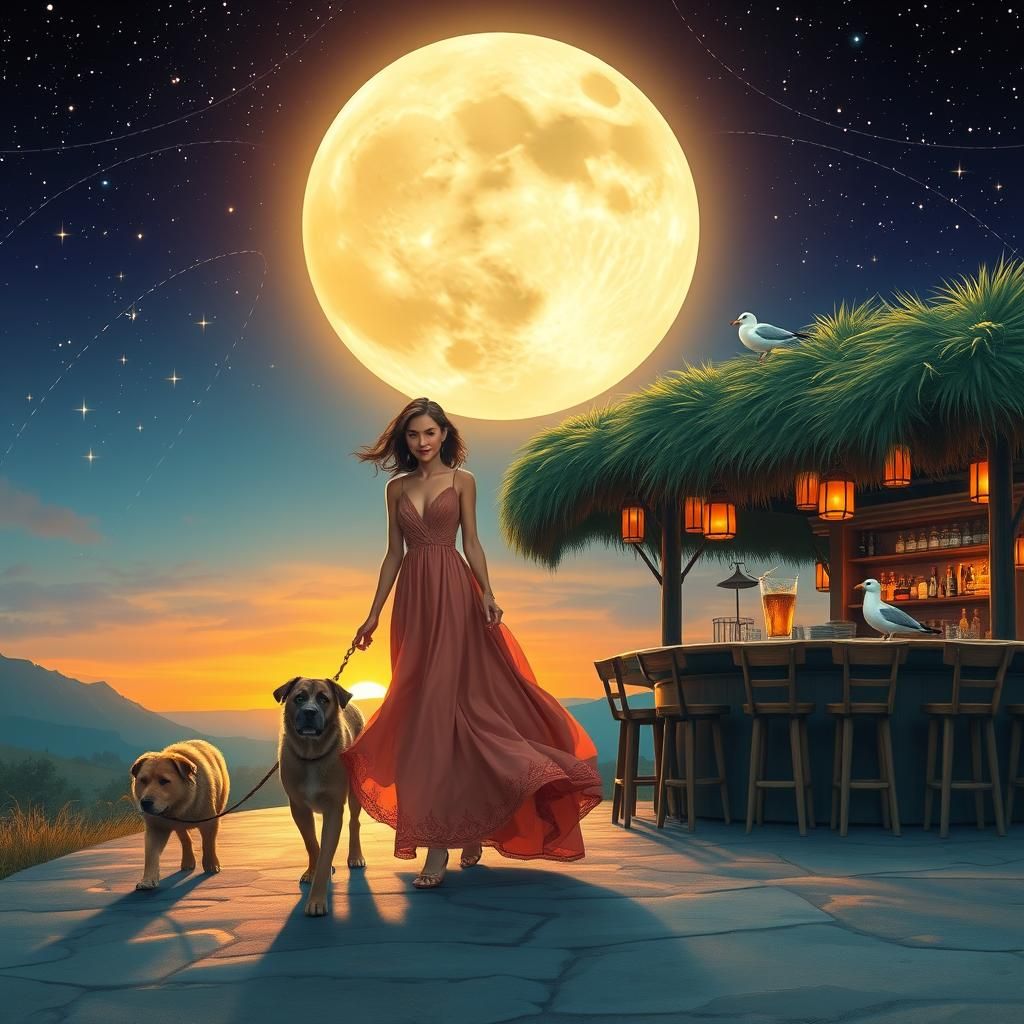 digital art fantasy, A tall woman out walking with a tibetan mastiff dog after sunset, milky way in the night sky, there...