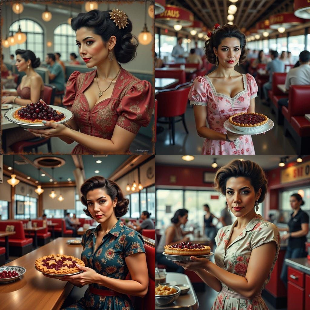 Latin American Diner Waitress Serves Cherry Pie in Retro Sty...