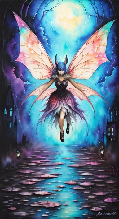 Bat Fairy in Abandoned Sewer with Acrylic Pour