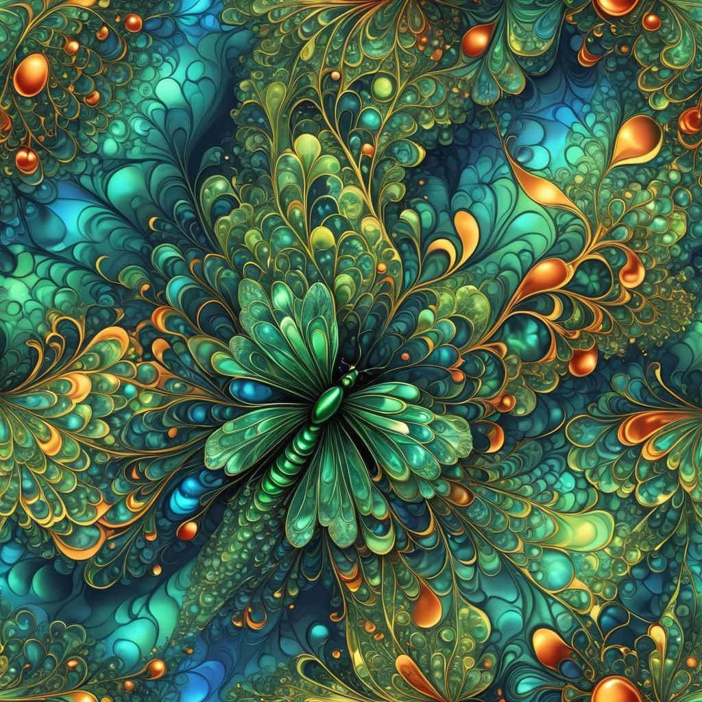 Green Fly with Fractal Patterns in Op Art Style