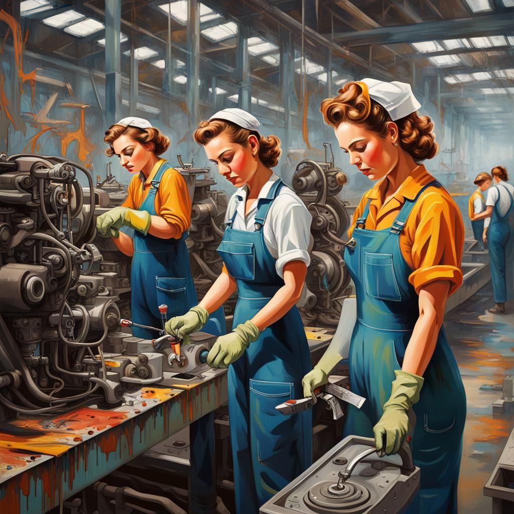Women Aircraft Workers on Assembly Line in Graffiti Art
