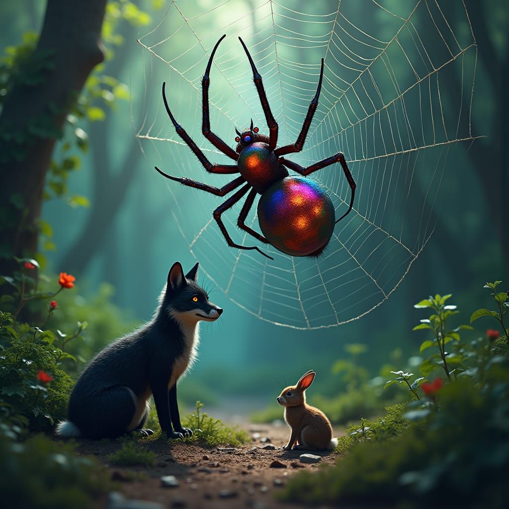Melancholic Fox Trapped in Rainbow Spiderweb
