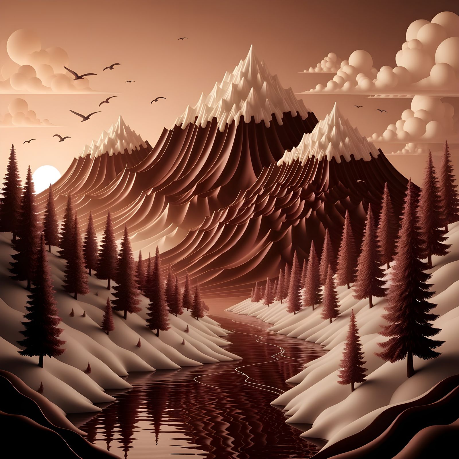 Enchanting Chocolate Mountain Landscape with River