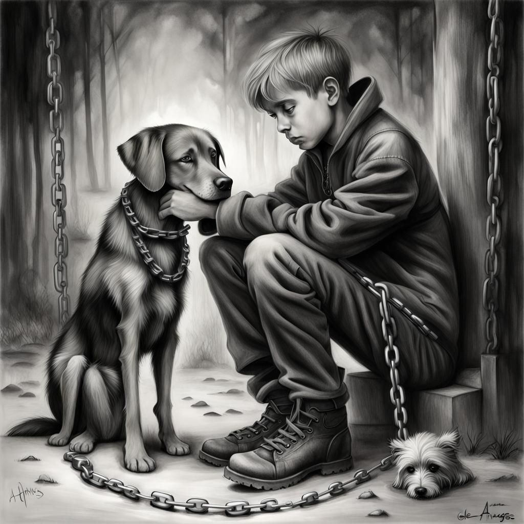 Sad Boy and Dog in Pop Surrealism Style