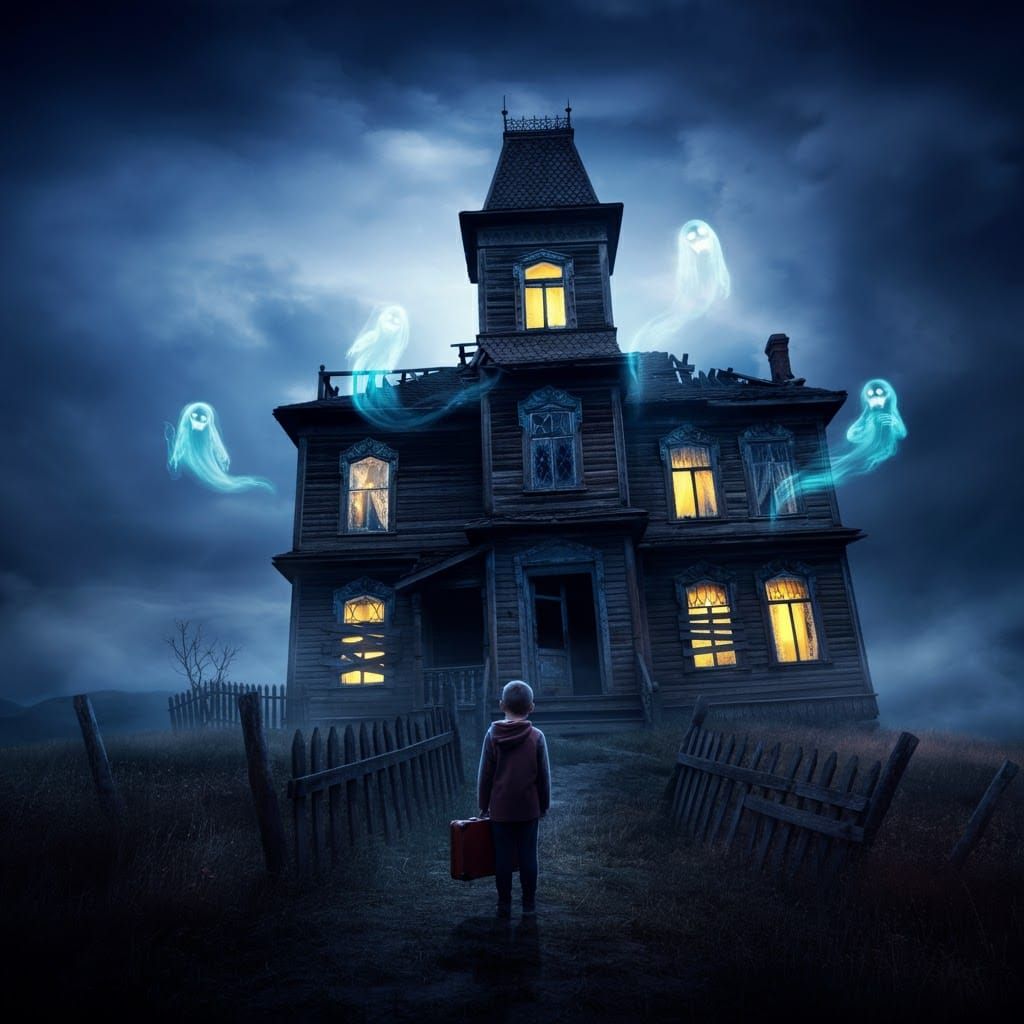 Eerie Haunted House with Ghosts in Art Deco Style