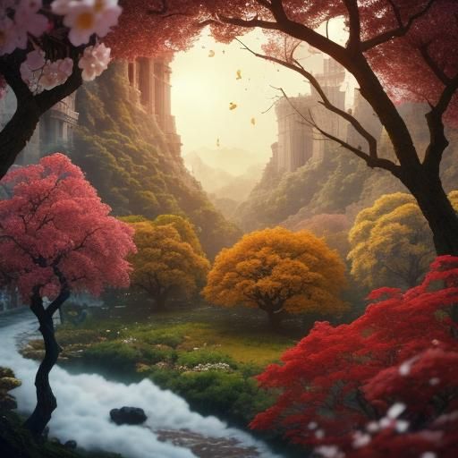 Cinematic Fantasy Landscape with Ornate Trees and Mountains