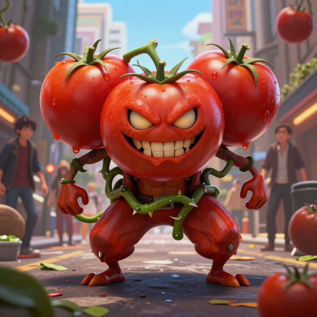 Killer Tomatoes Attack City in 3D Anime Style