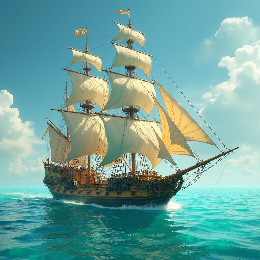 Golden Galleon Sails Across Turquoise Waters in a Fantasy Wo...