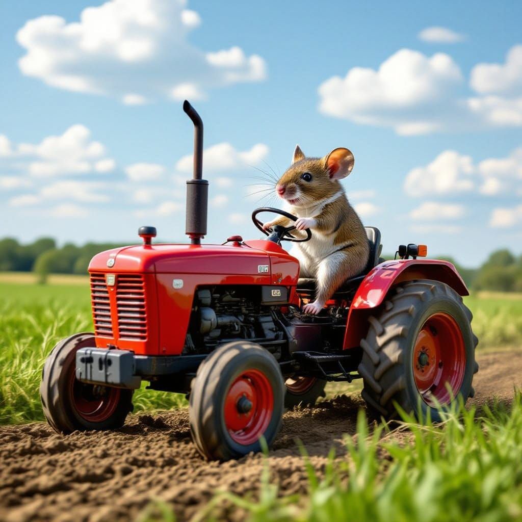 Whimsical Mouse Drives a Tractor Through a Field