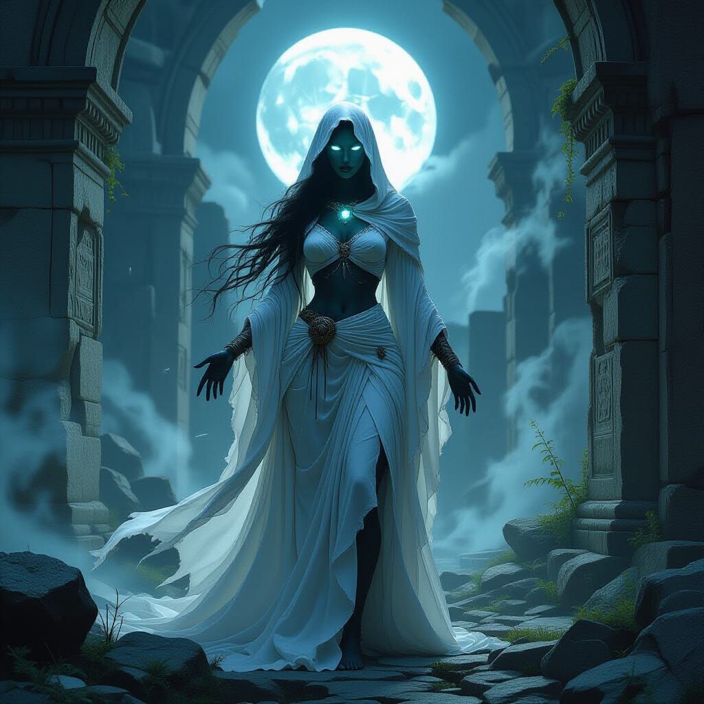Ethereal Goddess in Moonlit Temple Ruins