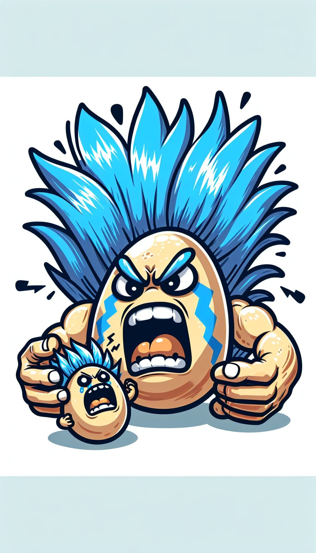 Cartoon of Angry Egg Characters with Blue Hair