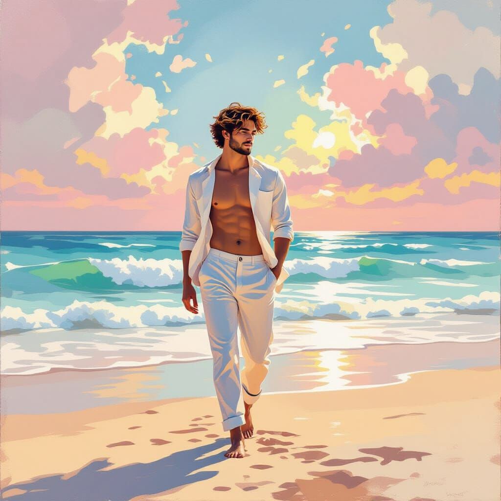 Young Man on Beach as Impressionist Rococo Painting