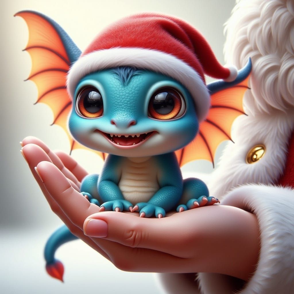 Chibi Blue Dragon Sits with Santa in Winter Wonderland