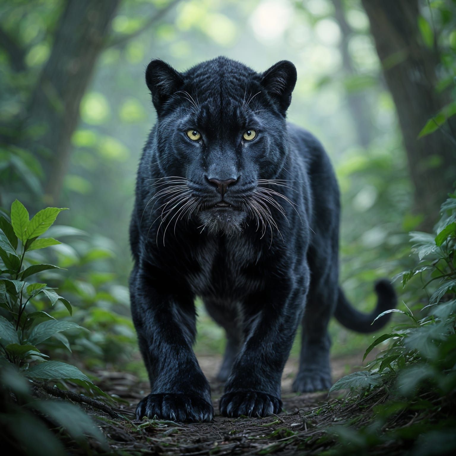 Black Panther Roaming in a Lush Jungle