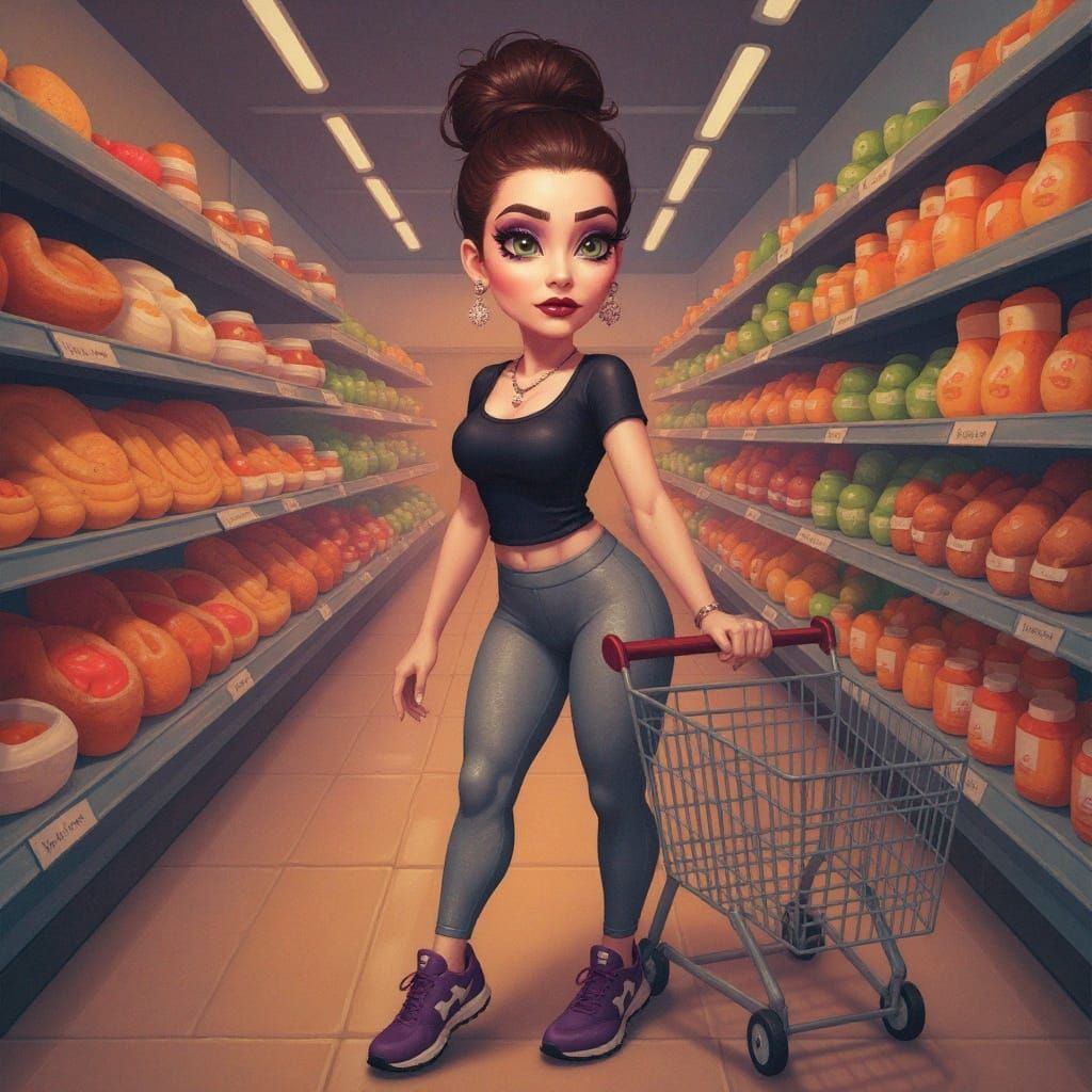 Cartoonish Woman in Grocery Store as Oil Painting
