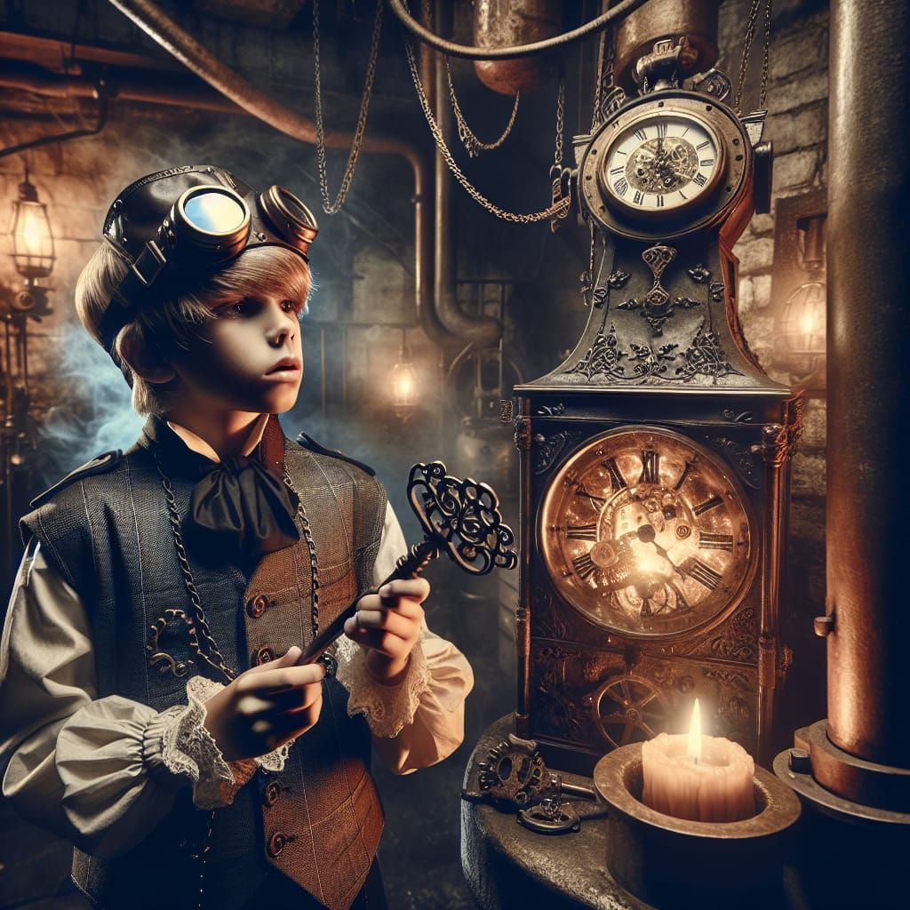 Steampunk Clockmaster Boy in Sinister Boiler Room