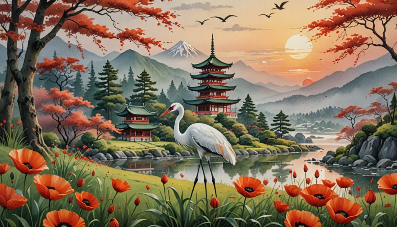 Serene Watercolor Crane by Misty Mountains with Red Sun