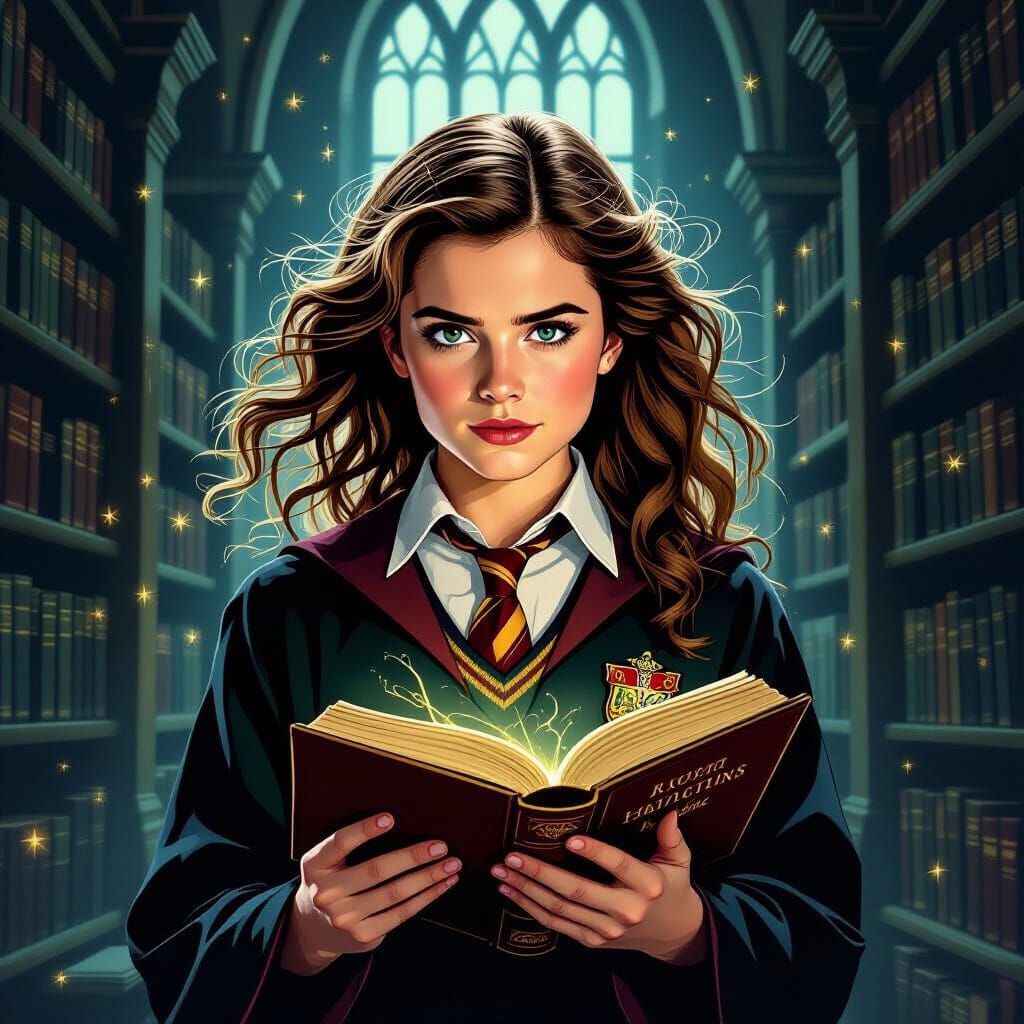 Hermione Granger in Hogwarts Library, Fantasy Art Style