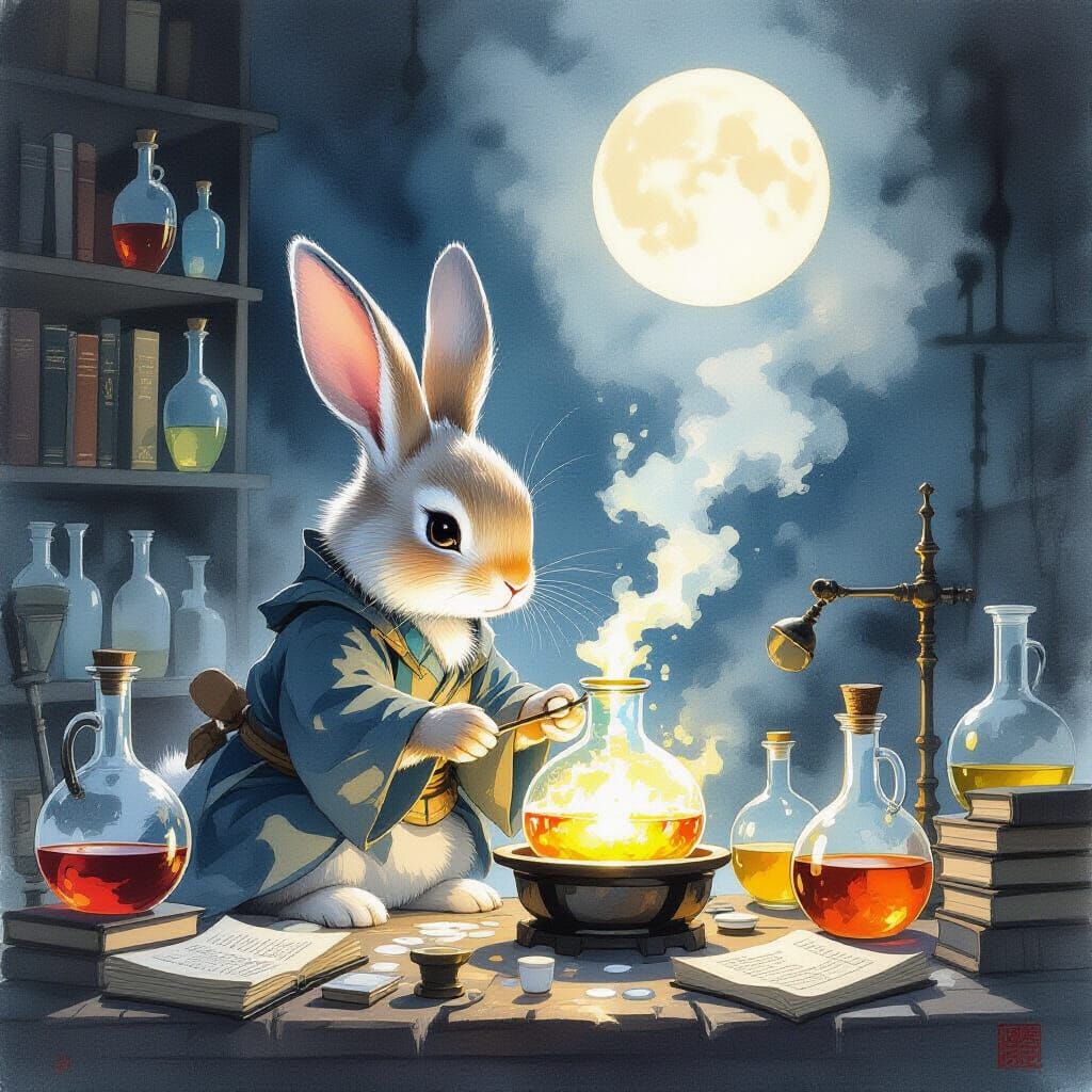 Rabbit Alchemist in Japanese Ink Wash Style