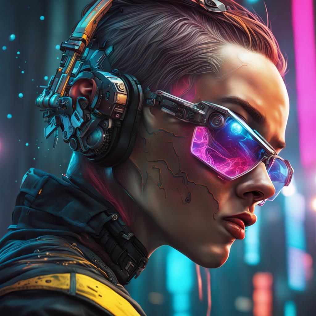 Cyberpunk Face with Intricate Detail and Colorful Lights